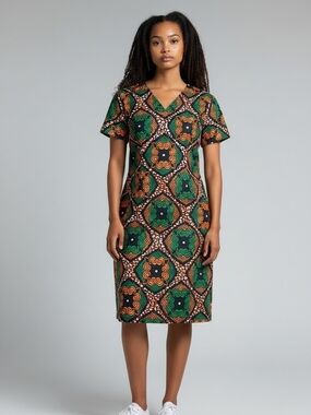 Ankara Wax Print V-Neck Midi Dress in Green & Orange Geometric Print 4600